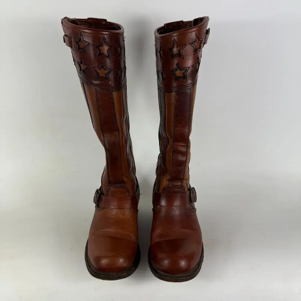 Frye Harness Americana Boots Women's 6 Brown Leather Stars & Strips Knee High